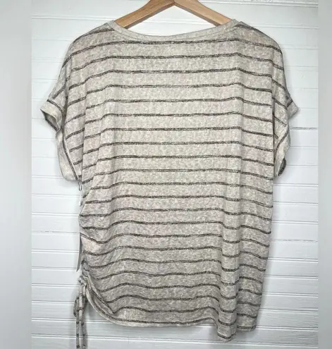 Caslon Women Beige Striped Short Sleeve Drawstring T-Shirt Size L Oatmeal