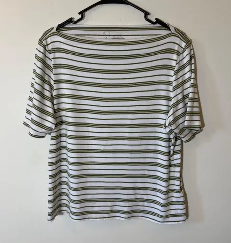 Joie Striped Boat Neck Tee Top White Olive Green XL/TG Short Sleeve