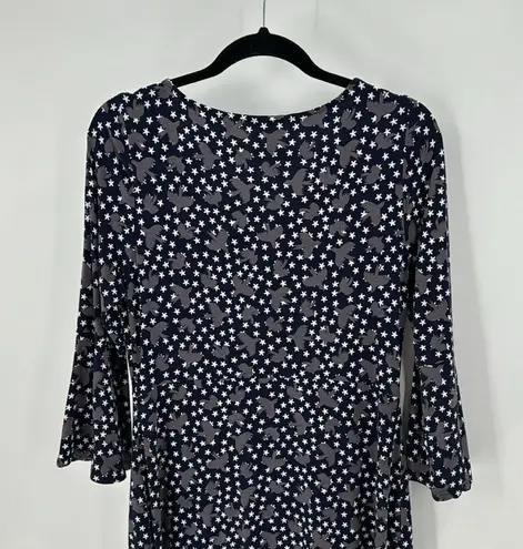 Boden Dress Navy Blue Gray Birds Bell Sleeve Stretch star novelty print size 10