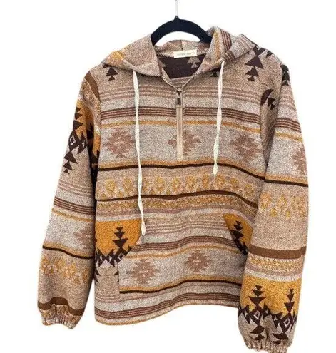 Andthewhy Aztec Hoodie Pullover Sweater Southwestern Style Pouch Pocket Brown