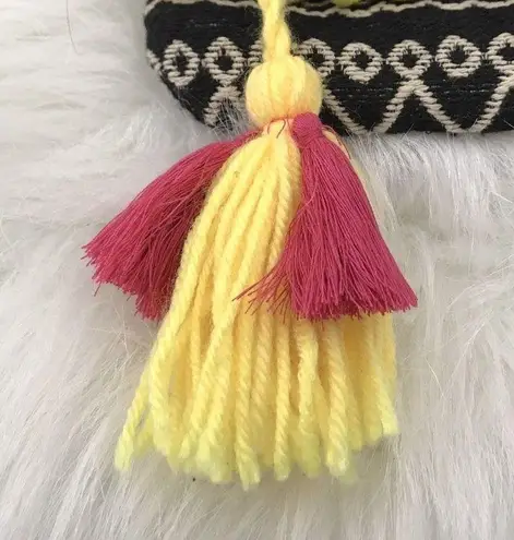 JustFab Just‎ Fab Fold Over Bag Yellow Pom Pom Tassel Trim Colorful Clutch Purse