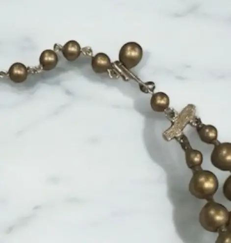 Vintage 3 Strand Gold Tone Beaded Choker Necklace Blue Beads