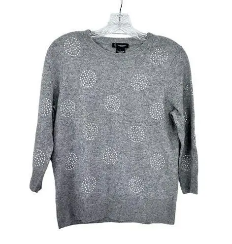 Bloomingdales 100% Cashmere Sweater Gray 3/4 Sleeve Round Neck Rhinestone