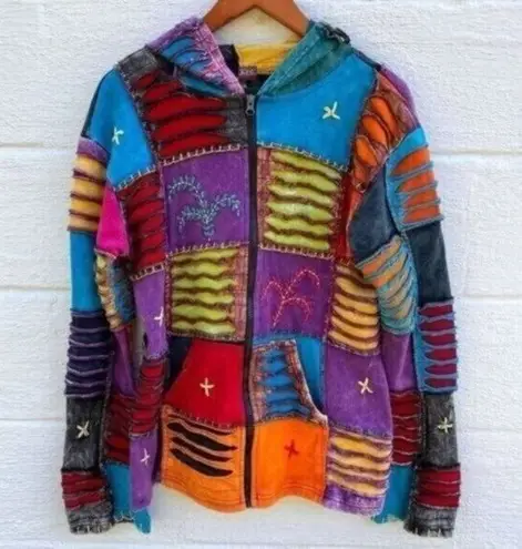 Nepal Colorful Embroidered Patchwork Bohemian Hippie Jacket Blue Size M