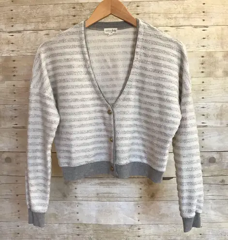 Maison Jules Sweater Gray Striped Cropped Knit Cardigan Coastal Academia Preppy