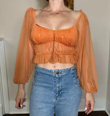 Stunning Sheer Orange Puff Sleeves Corset Long Sleeve Top Size Medium