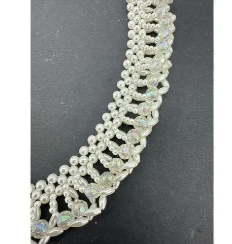 Vintage Japan Faux Pearl Aurora Borealis Bib Collar Necklace Bridal Necklace White