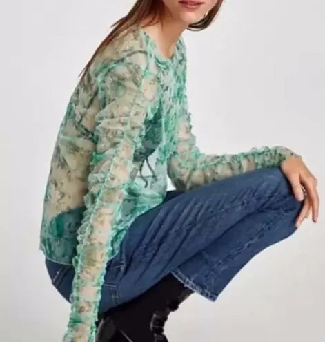 ZARA NWT  Mesh Sheer Floral Ruffle Sleeve Blouse