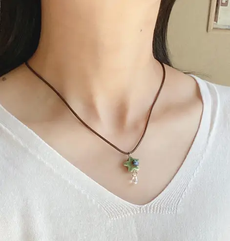 Handmade green ceramic star boho fairy cottage y2k necklace⭐️💚