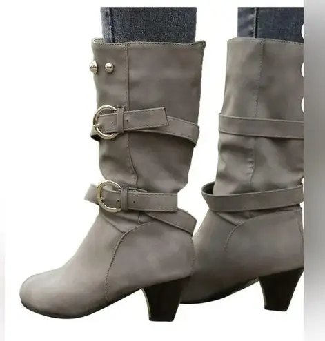 Women Gray Faux Suede Heeled Boots with Slouchy Design and Silver Buckles Size undefined