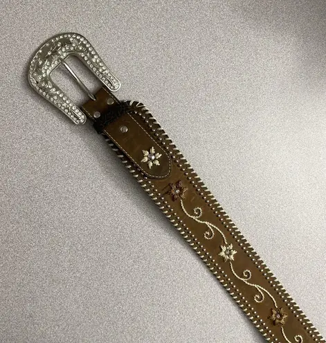 Nocona Belt Co Brown Leather Belt XL Silver Buckle Rhinestones Western Heavy