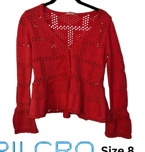 Pilcro Womens Sweater Crochet Open Knit Pointelle Size XS Bell Sleeve Peplum Hem - Image 1