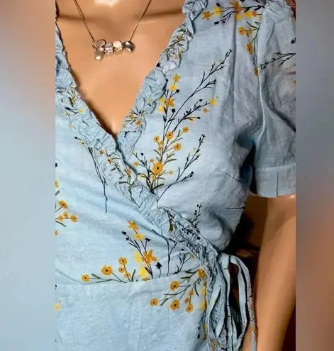 Peach Love California Women's Blue Floral Wrap Dress Size XS/S Short Sleeve
