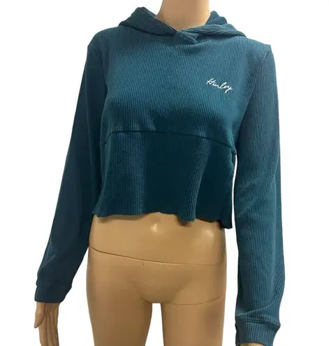 Hurley  Cropped Ribbed Turquoise Long Sleeve Hooded Shirt Kangaroo Pocket Medium