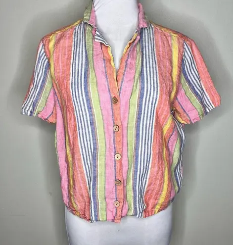 C&C California Top MEDIUM 100% Linen Striped Button Down Cropped Boxy Lagenlook