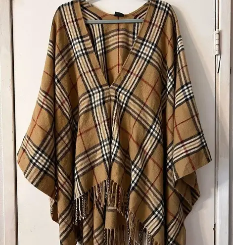 V. Fraas  Plaid Check Checkered Poncho Wrap Fringe Cozy Wrap Warm Oversized