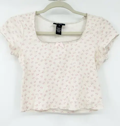 Just Polly Womens Coquette Square Neck Bow Print Baby Tee Crop Top Size M Pink Size M