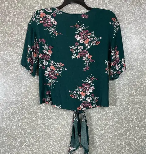 Charming Charlie  Forest Green Floral Tie Front Top - Size Small - Flutter Sleeve