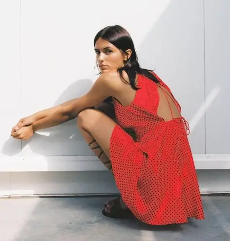 ZARA  Silky Red Polka Dot Mini Dress Open Back Medium New Tags