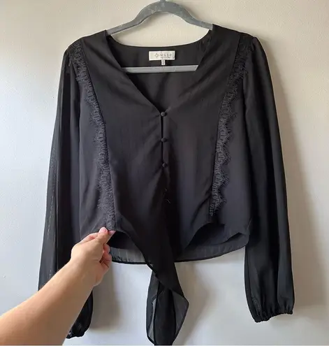 WAYF Black Sheer Western Rodeo Lace Trim Long Sleeve Tie Front Blouse Size S