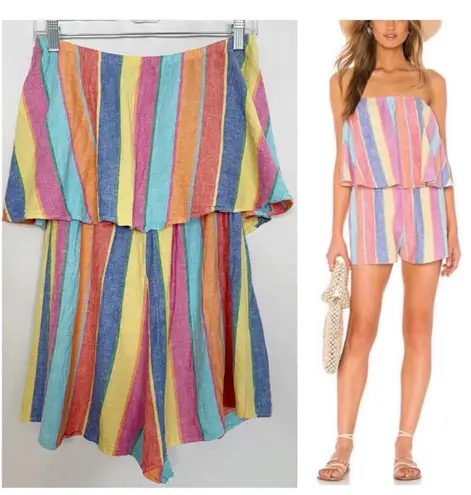 Show Me Your Mumu Linen Blend Thelma Strapless Stripe Romper in Beachy