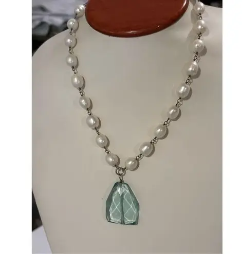 Fresh Water Pearl & Aqua Tear Drop Crystal Statement Necklace Glamorous Jewelry Silver