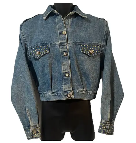 Vintage 80s Cropped Denim Jacket Studded Rhinestone Buttons USA Made Opal Size S Blue