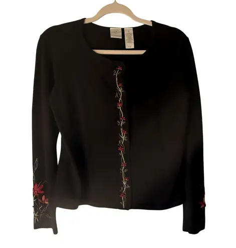 Emma James Sweater Vintage Small Black Embroidered Floral Cardigan Top Beaded