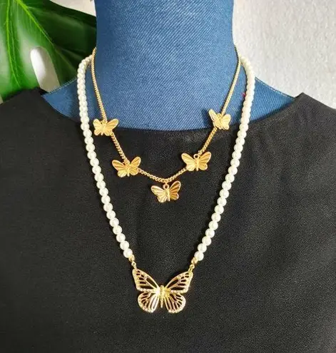 Gold & Pearls Butterfly Double Necklace Set