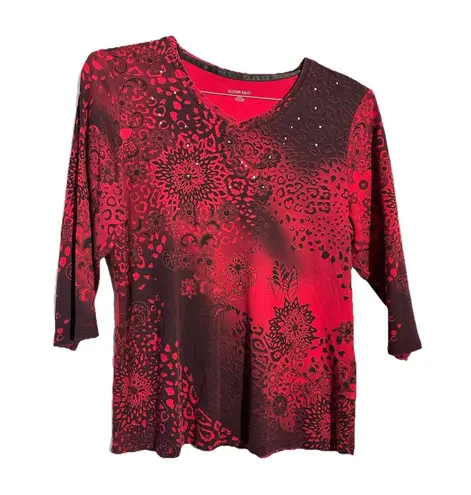 Allison Daley Red & Black Ombr Floral Leopard Print V-Neck Rhinestone Top M/M