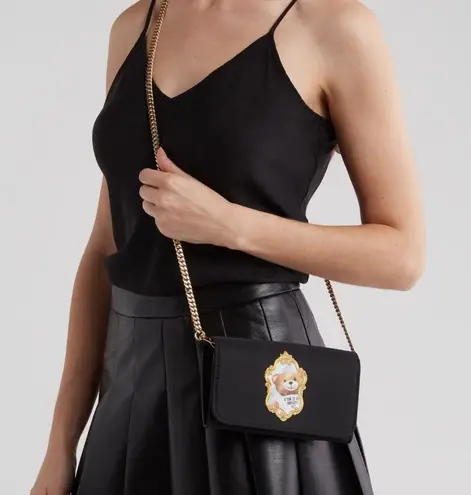 Moschino Authentic Leather/Satin Bear print magnetic closure flap Crosby/Clutch