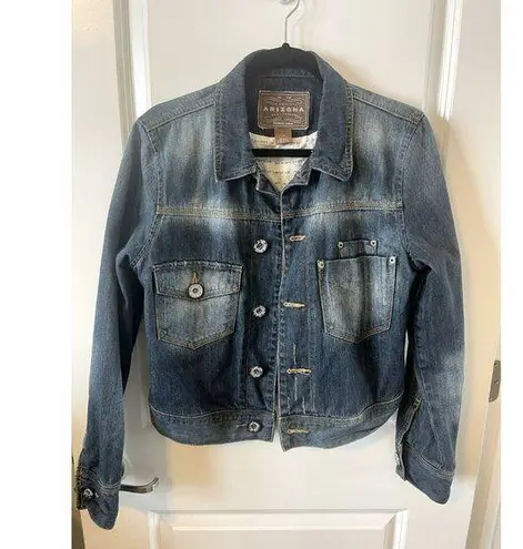 Arizona Womens Denim Jacket vintage Dark washed Jacket L LOVE NOT WAR lining