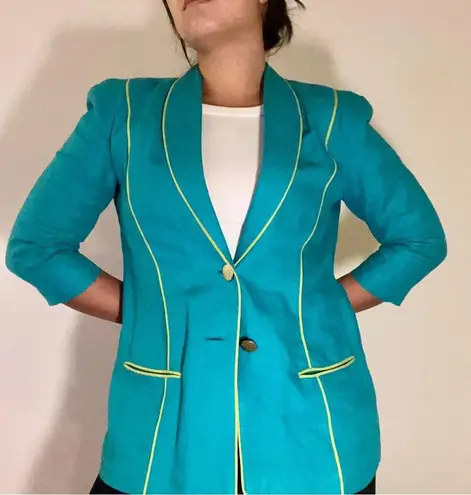 Vintage Teal Linen Blazer w/ Neon Green Piping Size M