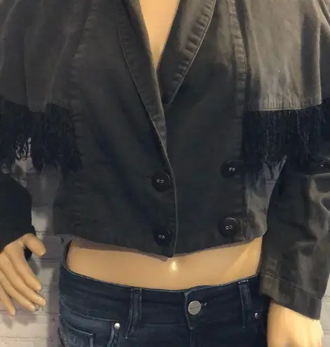 G•S•L Vintage Cropped Jacket Military Cut Cropped Black Jacket Fringe 1980s Size XS