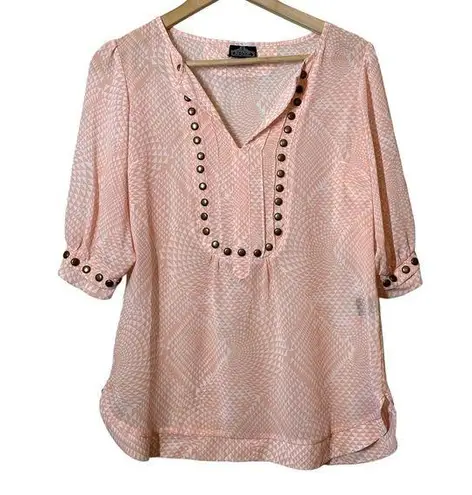 Angie  Geometric Print Pink Blouse V-Neck Semi Sheer Large