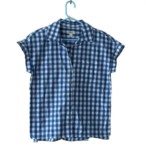 Style & Co White Blue Gingham Button Up Shirt Short Sleeve Classic Office Sz S