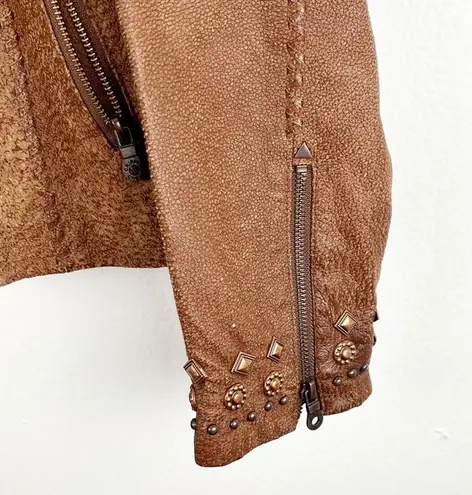 CRIPPLE CREEK Brown 100% Genuine Leather Studded Zipper Pockets Moto Jacket Size M