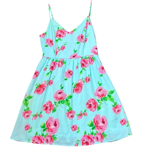 Bo Bel Dress Womens Small Aqua Blue Floral Bow Back Sleeveless Fit Flare Summer