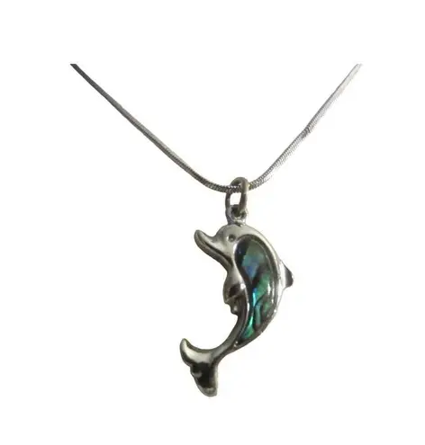 Silver Tone Dolphin Necklace Ocean Abalone Pendant Chain