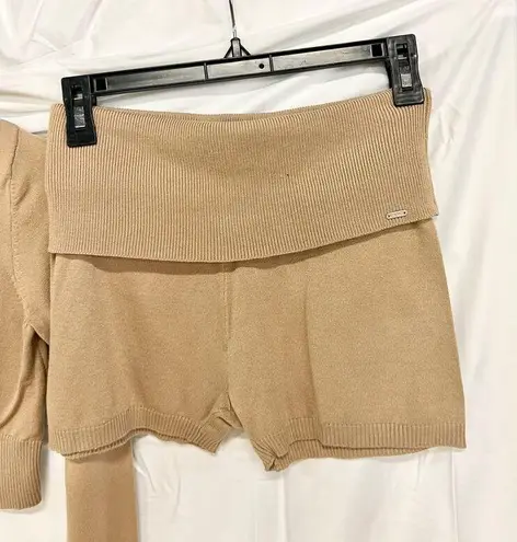 Lounge Knitted Long Sleeve Crop Top & Fold Waist Shorts Set Tan Women's Size XS