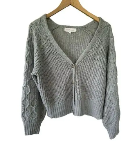 Ally Mae Gray Cable Knit Rib Stitch Button Down Balloon Long Sleeve Cardigan L Size L