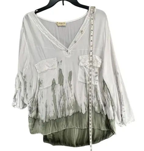 Impulse California Top Large White Green Dip Dye Sequin Coastal Lagenlook Boho