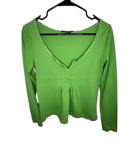 Boston Proper Vintage Y2K Lime Green Peplum Long Sleeve Blouse With Lace Trim