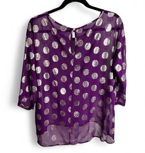Francesca’s Sheer Metallic Dot Blouse Size L Purple Drama & Gold Foil Energy Size L