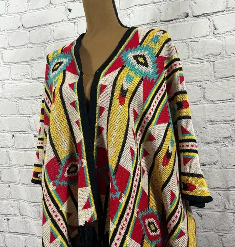 Rock & Roll Cowgirl Multi Color Aztec Print Fringed Poncho/Shrug Size S (B17)