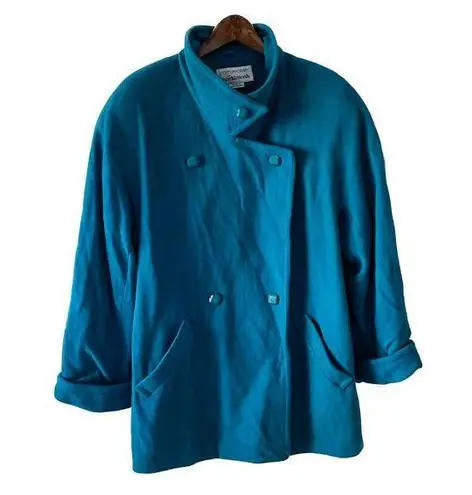 Vintage 100% Wool Vibrant Teal Blue Double Breasted Pea Coat Plus Size 16