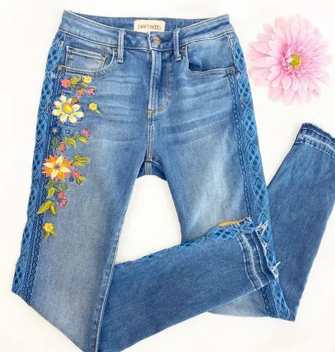 Driftwood Jackie High Rise Floral Embroidered Distressed Skinny Tulip Hem Jeans