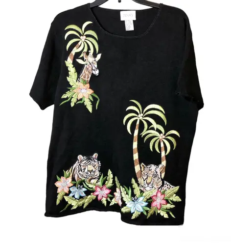 Jenny Vintage Ramie Short Sleeve Sweater Floral Safari Animal Print Black XL