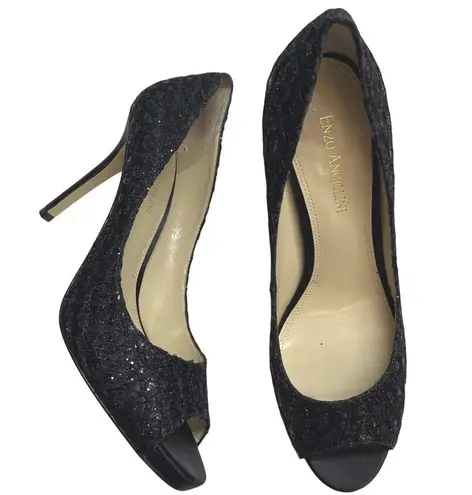 Enzo Angiolini EAMAIVEN Black Glitter Stiletto Open Toe Pump Sz 8 M High Heel