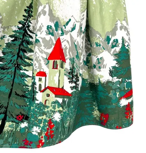 Alpine Scenic Winter Print Green Pleated Full A
